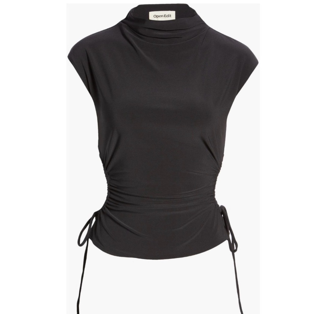 Open Edit Black Ruched Cutout Mock Neck Top Size M - NWT